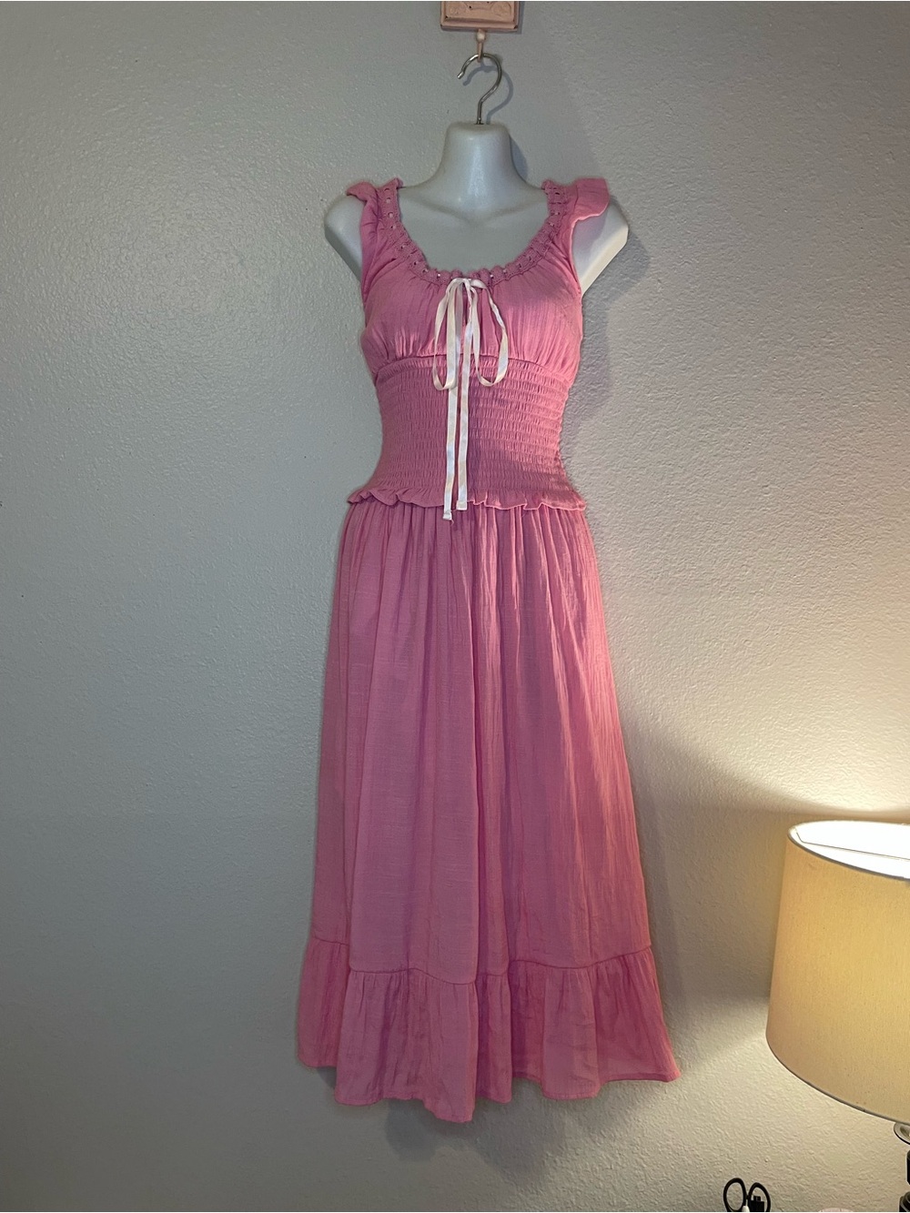 Pink Sleeveless Smocked Milkmaid Midi Dress with Tie Detail